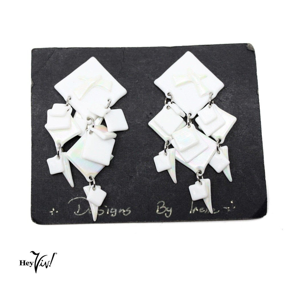 Vintage 1980s Shiny White Dangle Earrings on Card New/Old Store Stock - Hey Viv